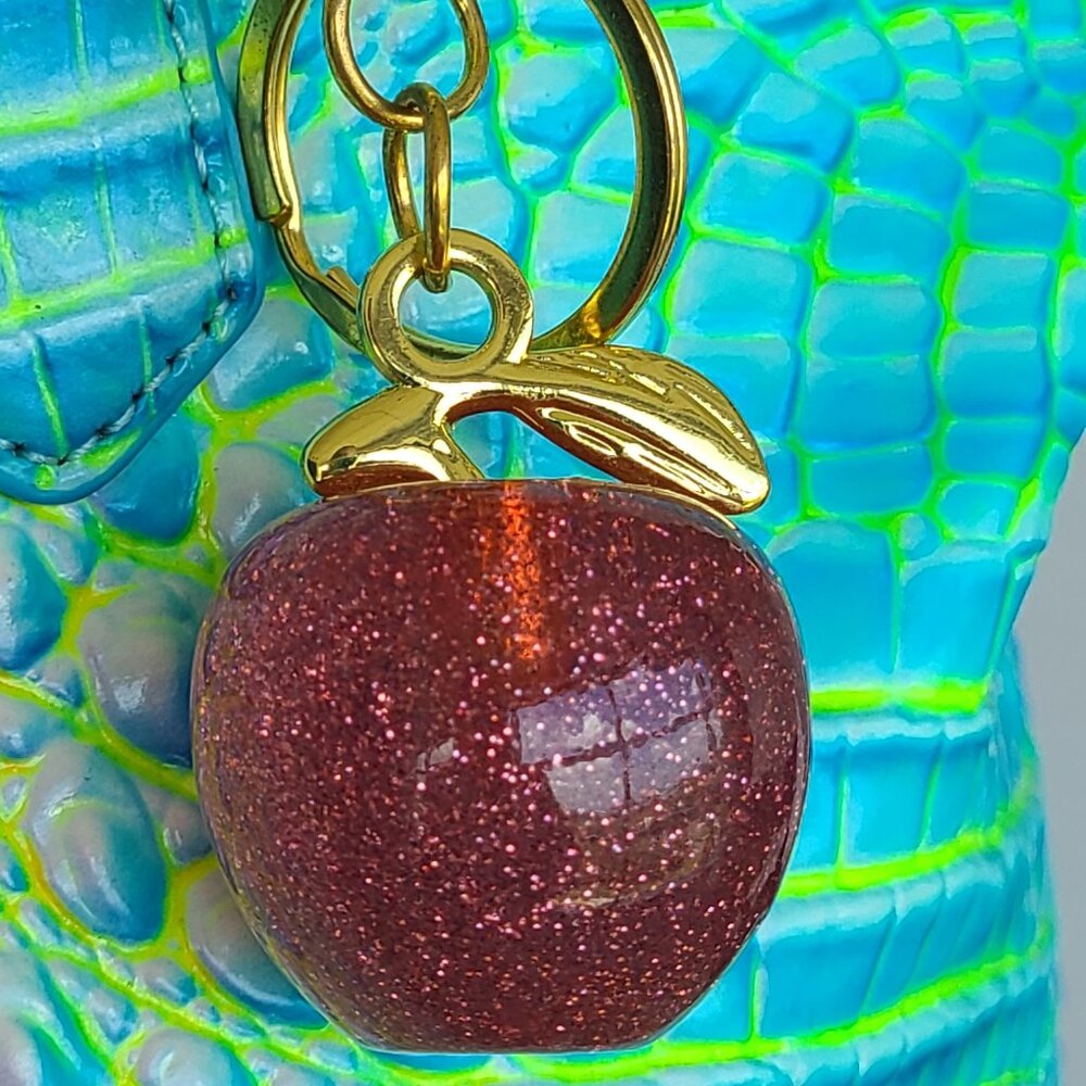 Red OR Pink Apple Purse Charm and Key Ring Gold Tone Hardware - Picture 7 of 11